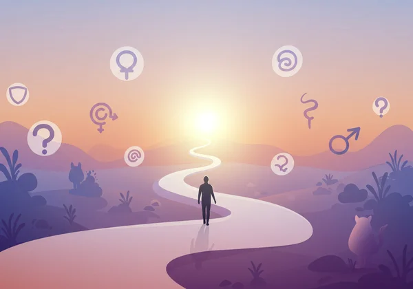 Person walks path, symbols for questioning sexuality, fluid