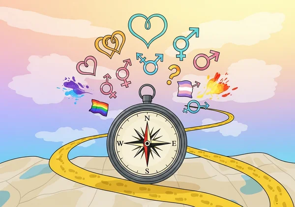 다양한 정체성의 길을 통해 여정을 안내하는 나침반.