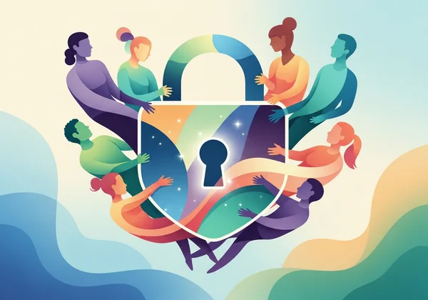 다양한 정체성을 보호하는 디지털 잠금장치, 프라이버시를 상징.