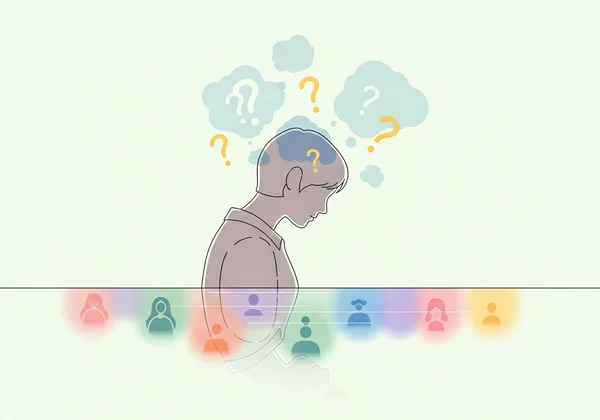 사려 깊은 퀴즈 도구로 자신의 정체성을 성찰하는 사람.