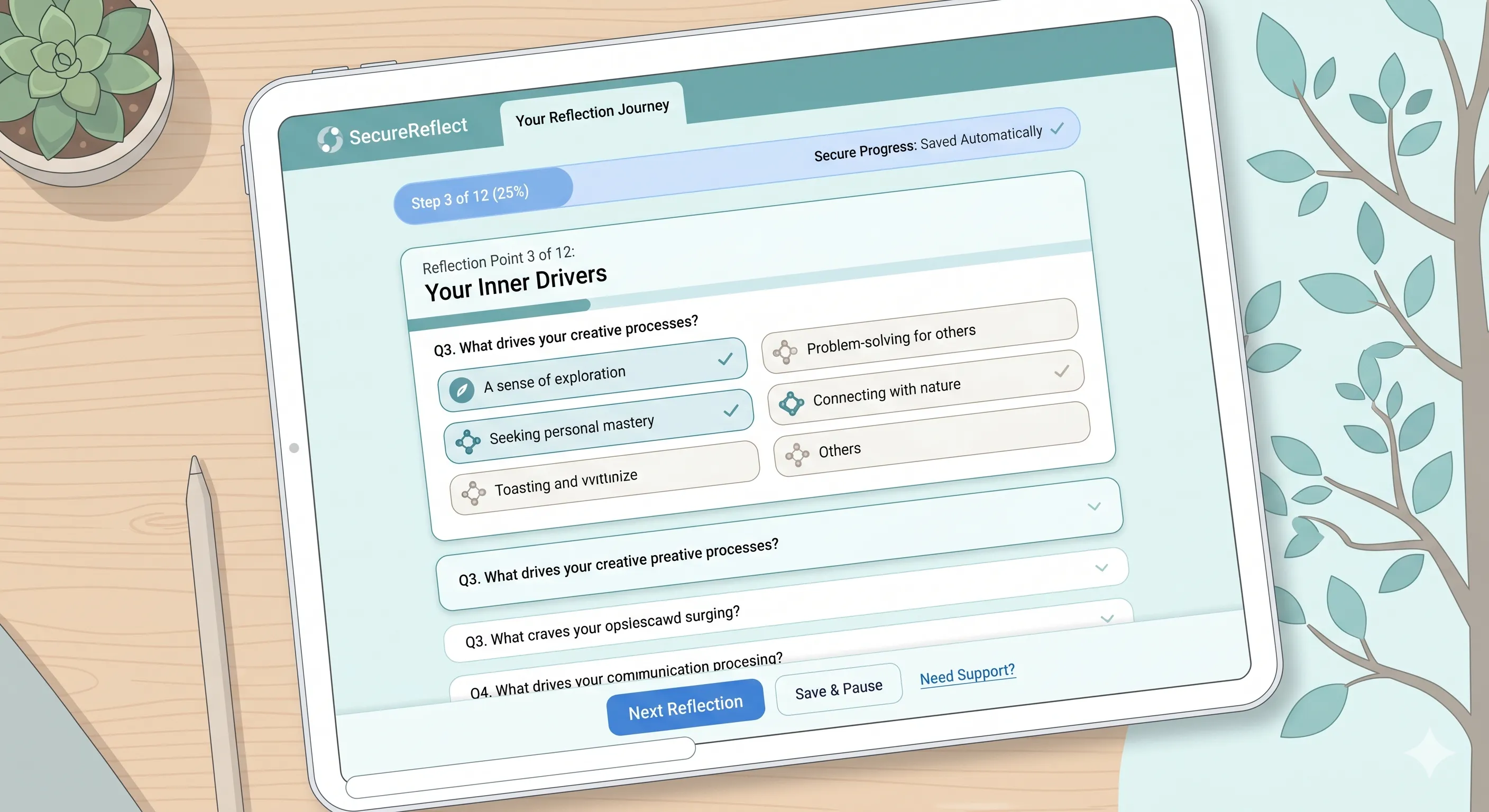 A modern web interface showing a self-reflection questionnaire