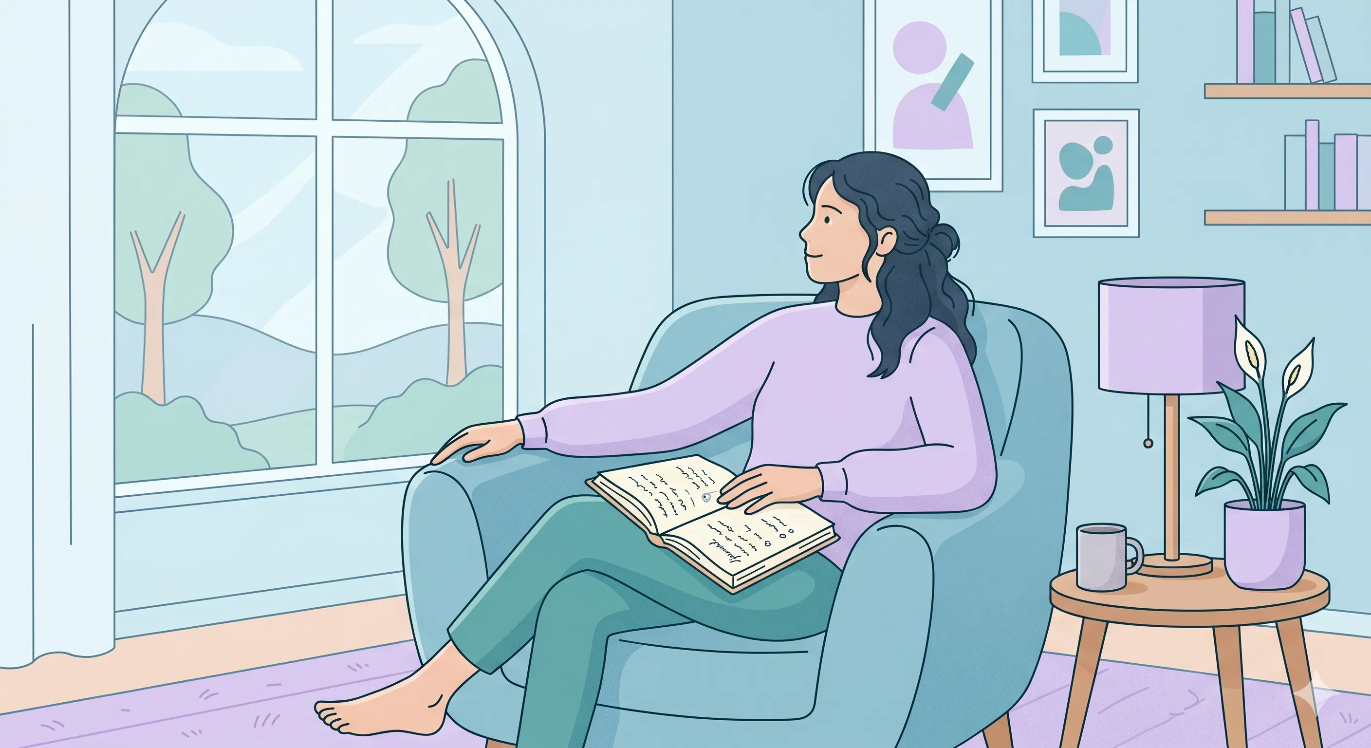 A person reflecting calmly while looking at an open journal